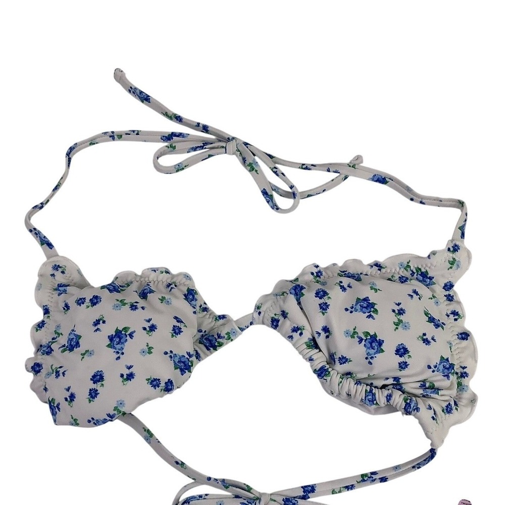 Shade & Shore Blue Floral‎ Bikini Top XS Tie Back Triangle Removable Pads NEW